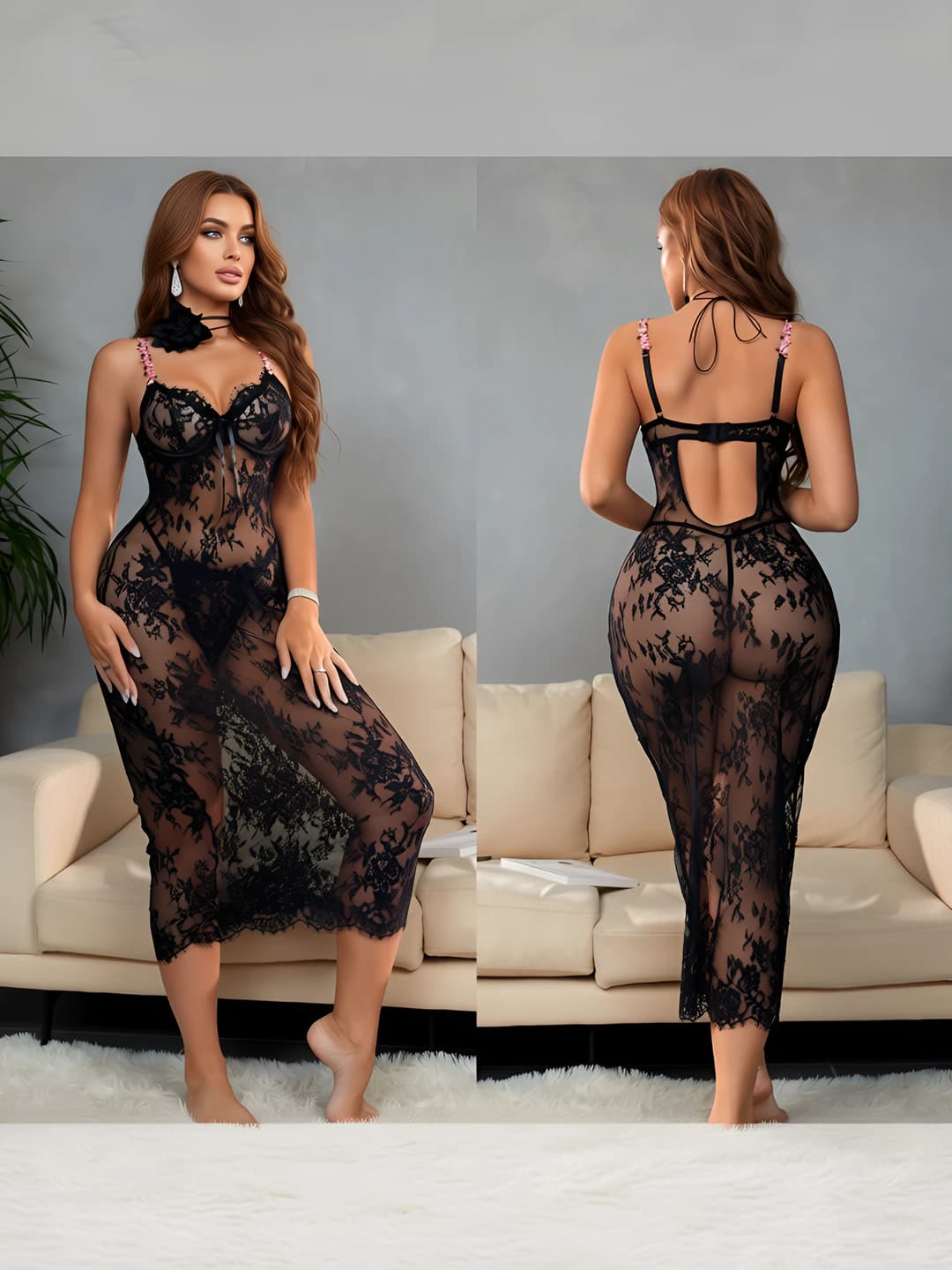 Women's sheer lace lingerie: mesh, suspender style, long skirt, tight-fitting set
