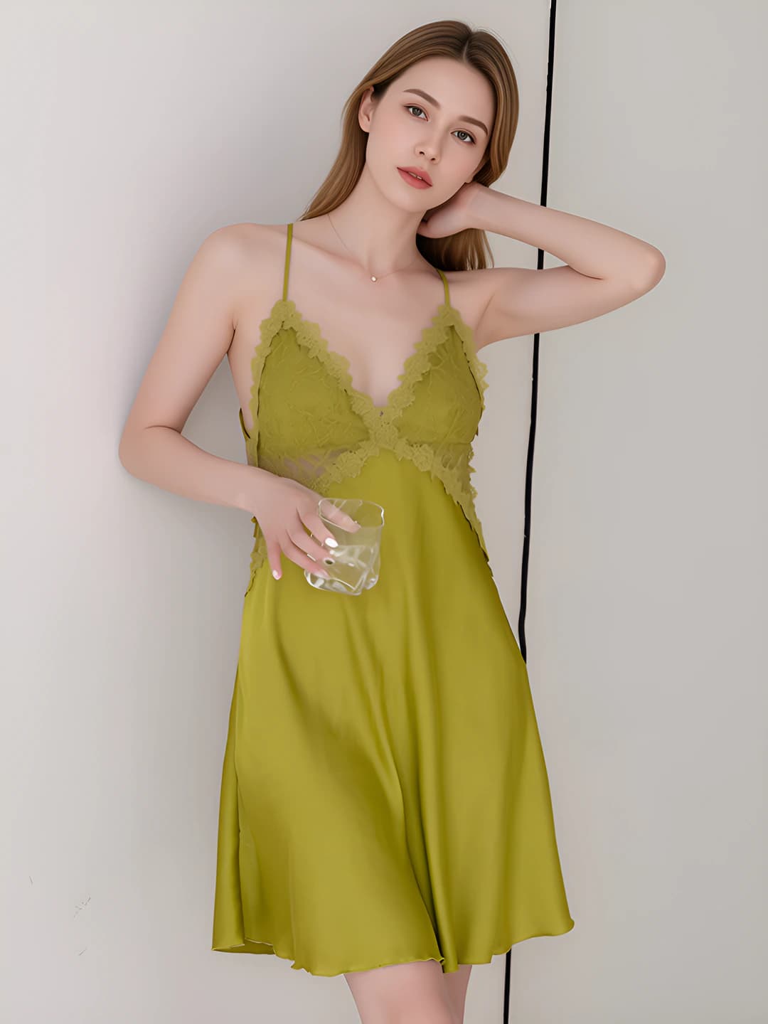 Women's spring-summer lace nightgown, white, thin, V-neck, imitation silk