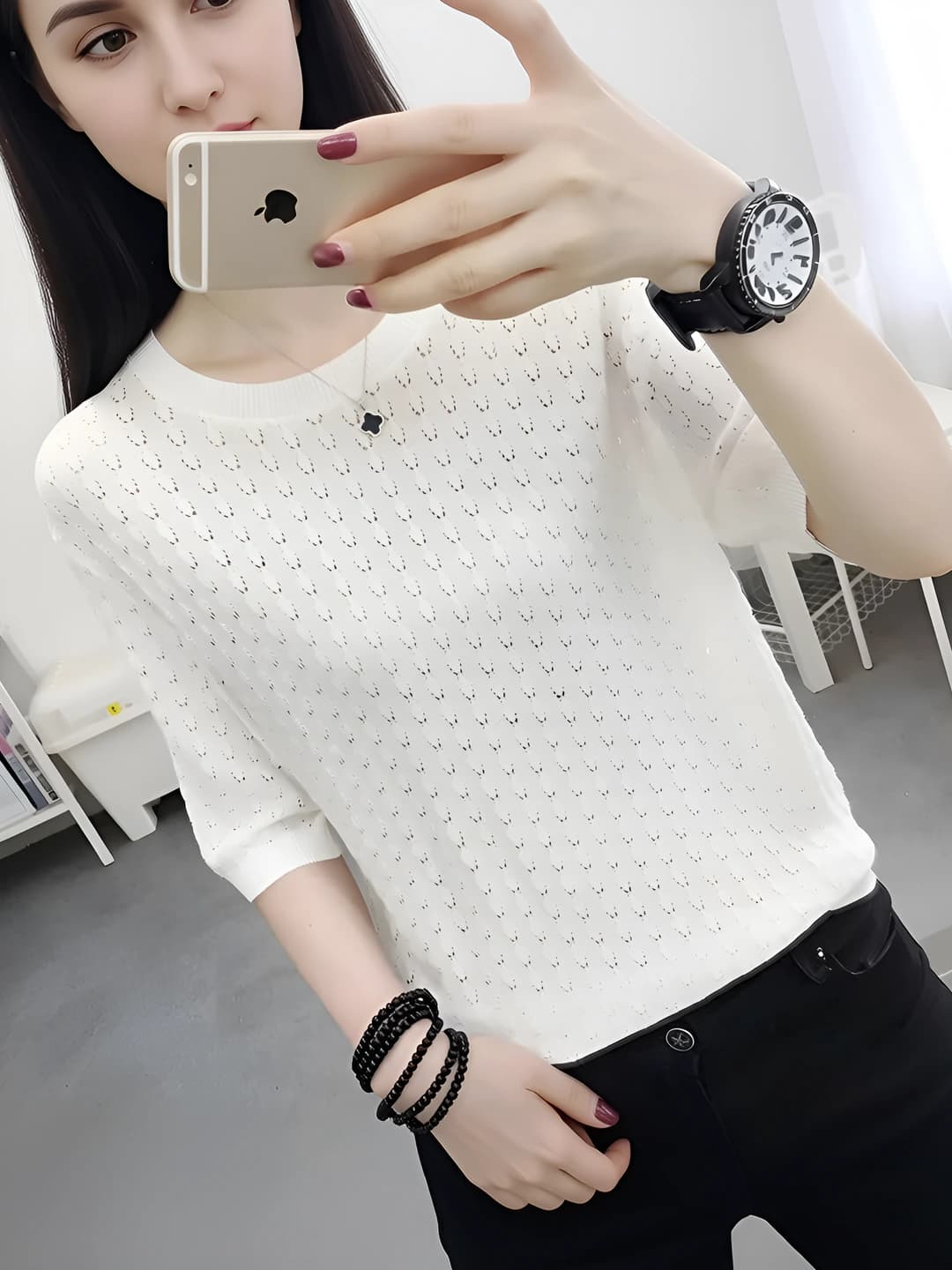 Women's summer thin ice-silk fabric knit top, crew neck, short sleeve, loose fit, solid colour, cropped knitted top