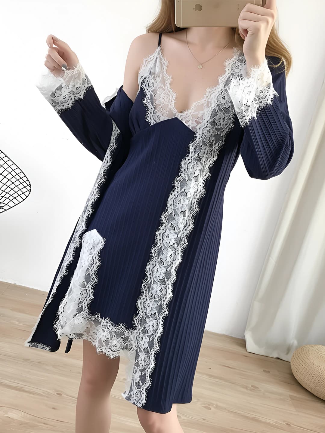 Women's lace loungewear set: nightgown and long sleeve cardigan, Korean style, autumn-winter