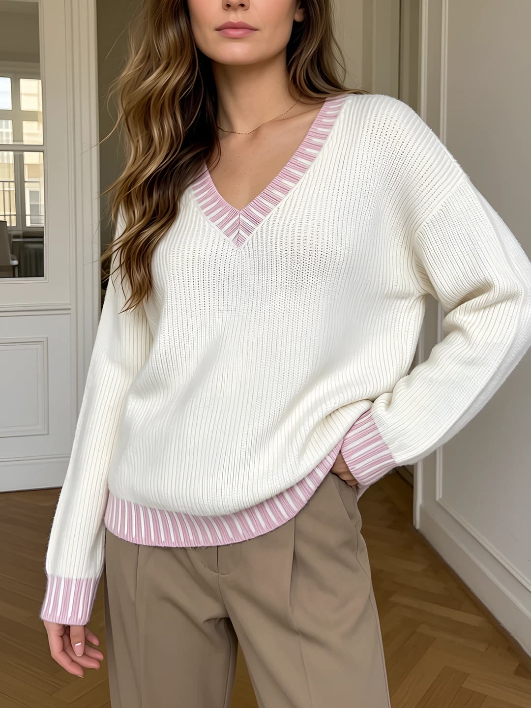 Women's V-neck knit sweater, autumn-winter, loose fit, long sleeve pullover