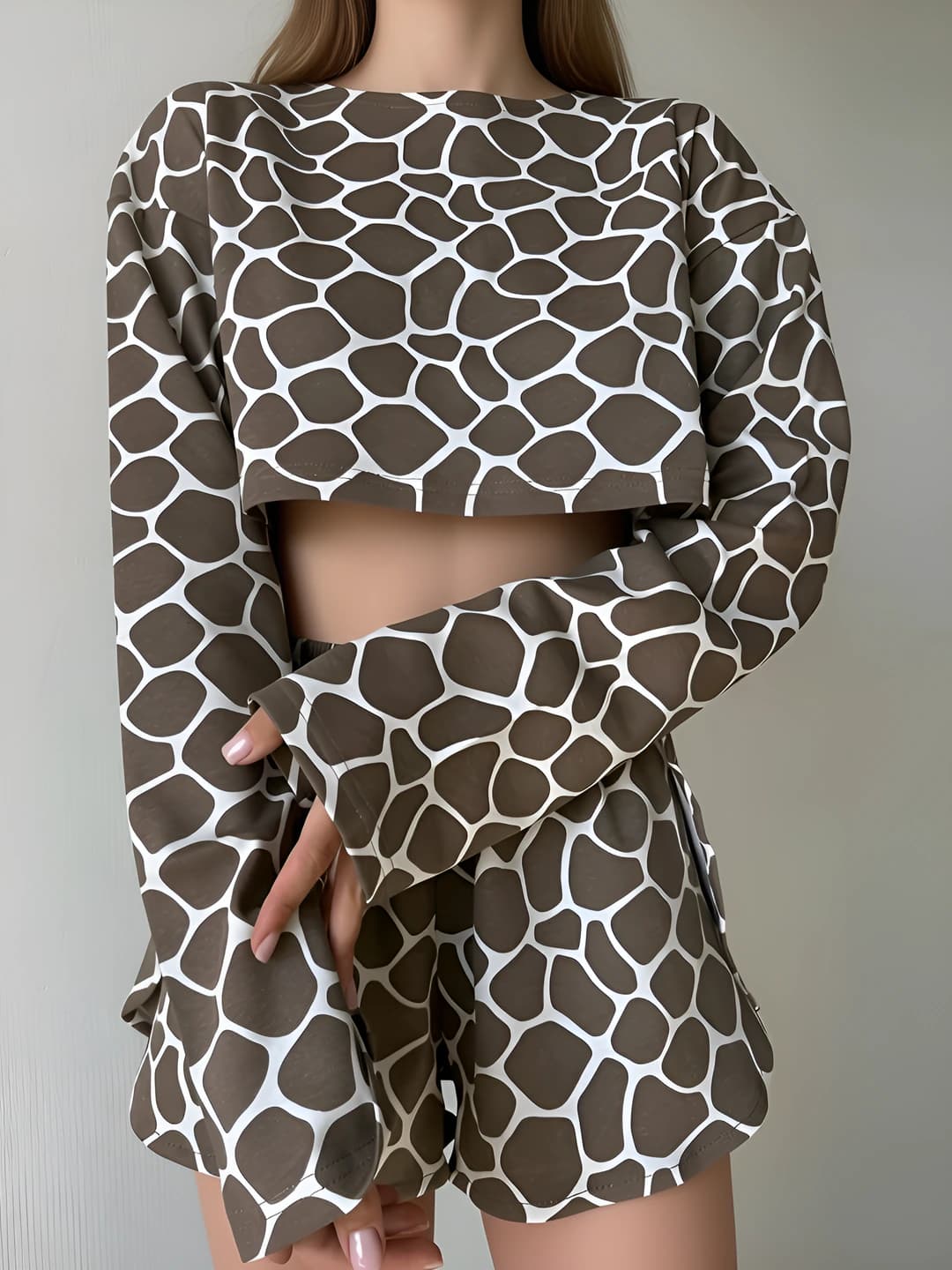 Women's home set: long sleeve top and shorts, loose fit, printed, thin, cropped, autumn 2026