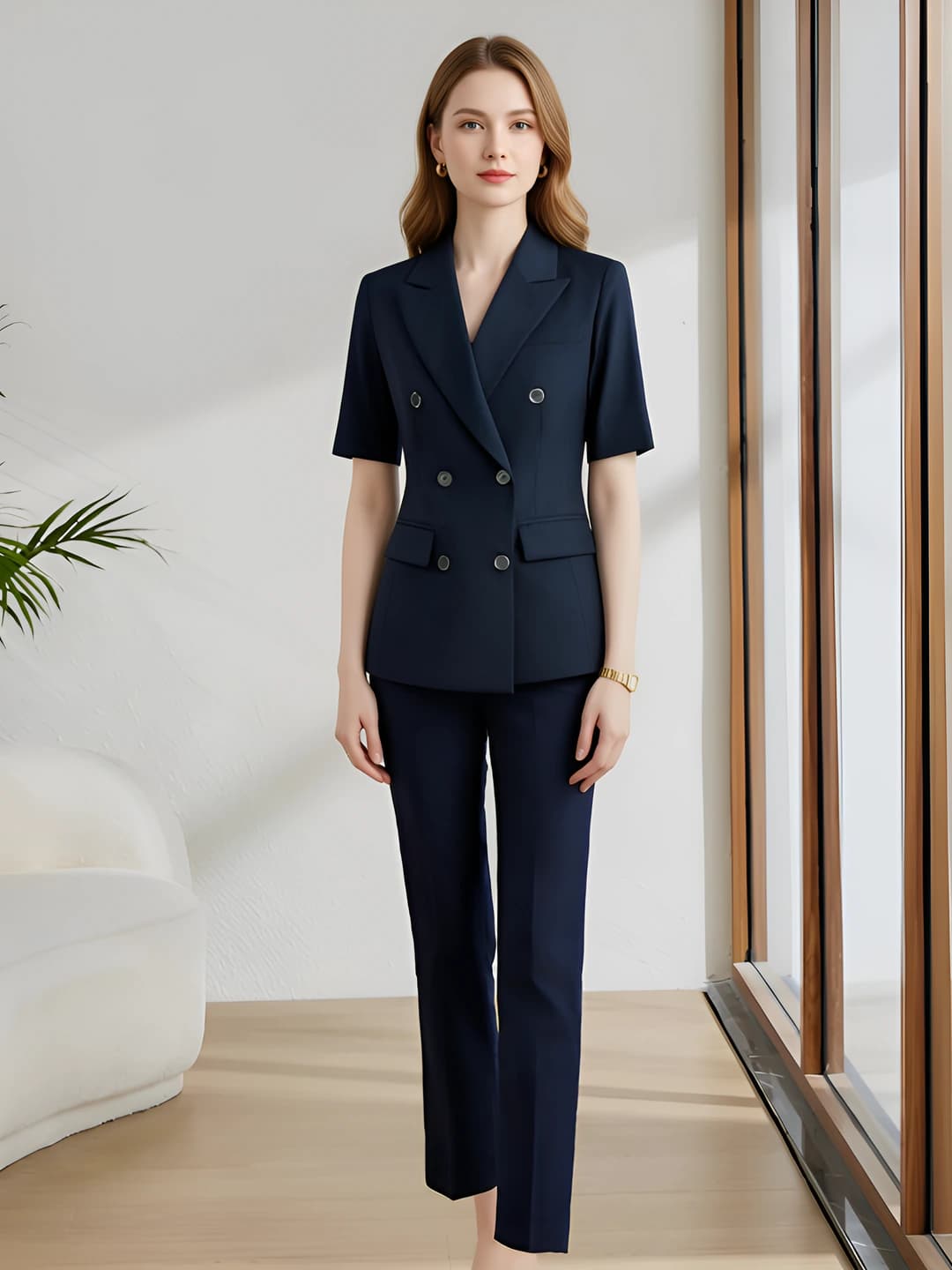 Women's suit with trousers for summer, petite, 2026, polyester, trousers, short sleeve