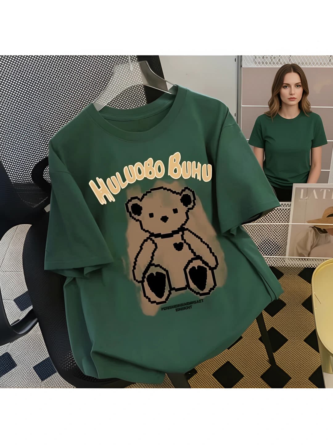 Women's pure cotton short sleeve t-shirt, summer, loose fit, crew neck, printed, retro style