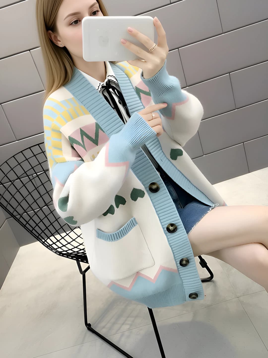 Women's loose fit spring-autumn cardigan with long sleeves, thickened collar, retro style, casual