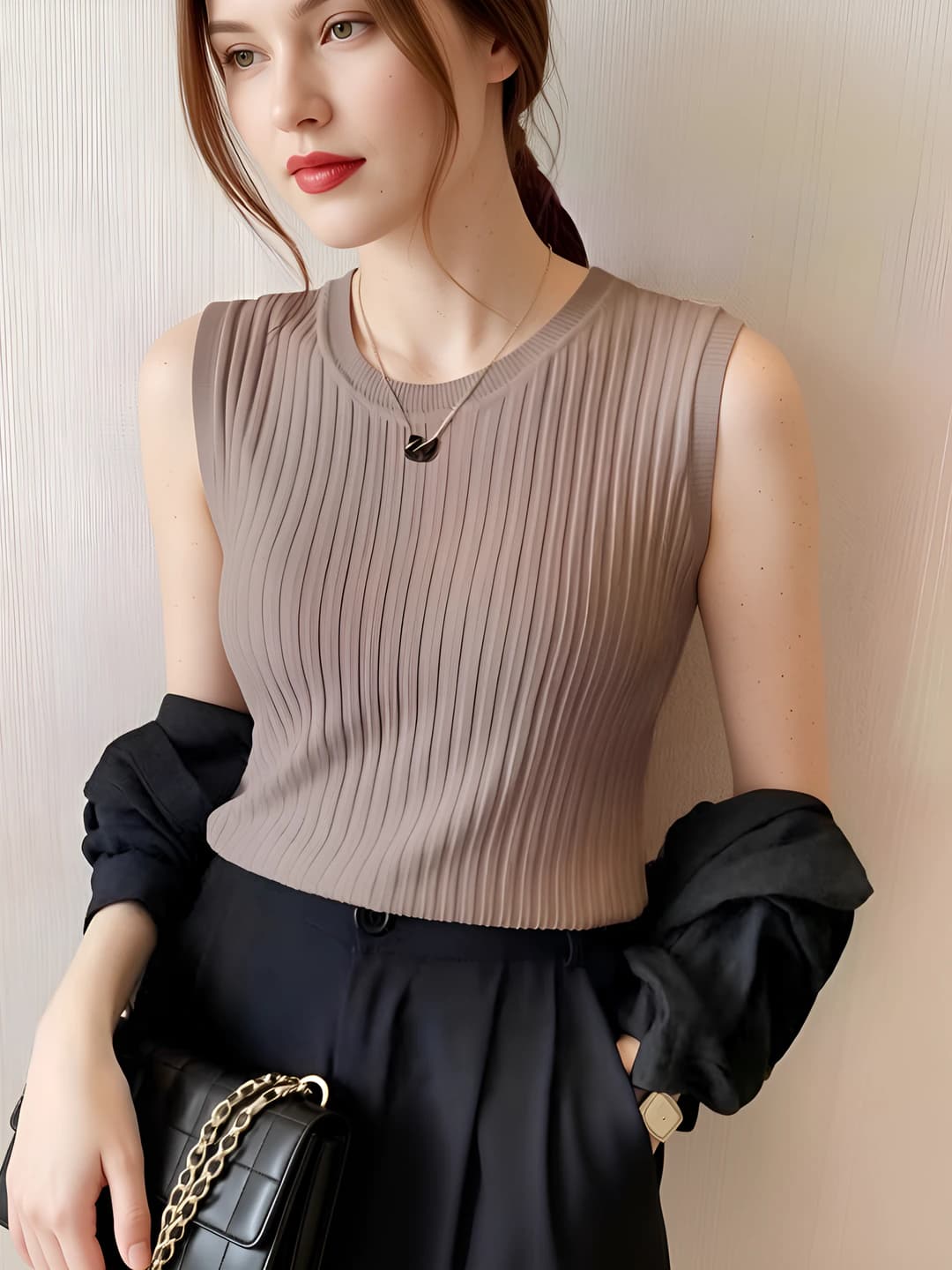 Women's ice-silk fabric sleeveless knitted top, crew neck, slim fit, Korean style, summer