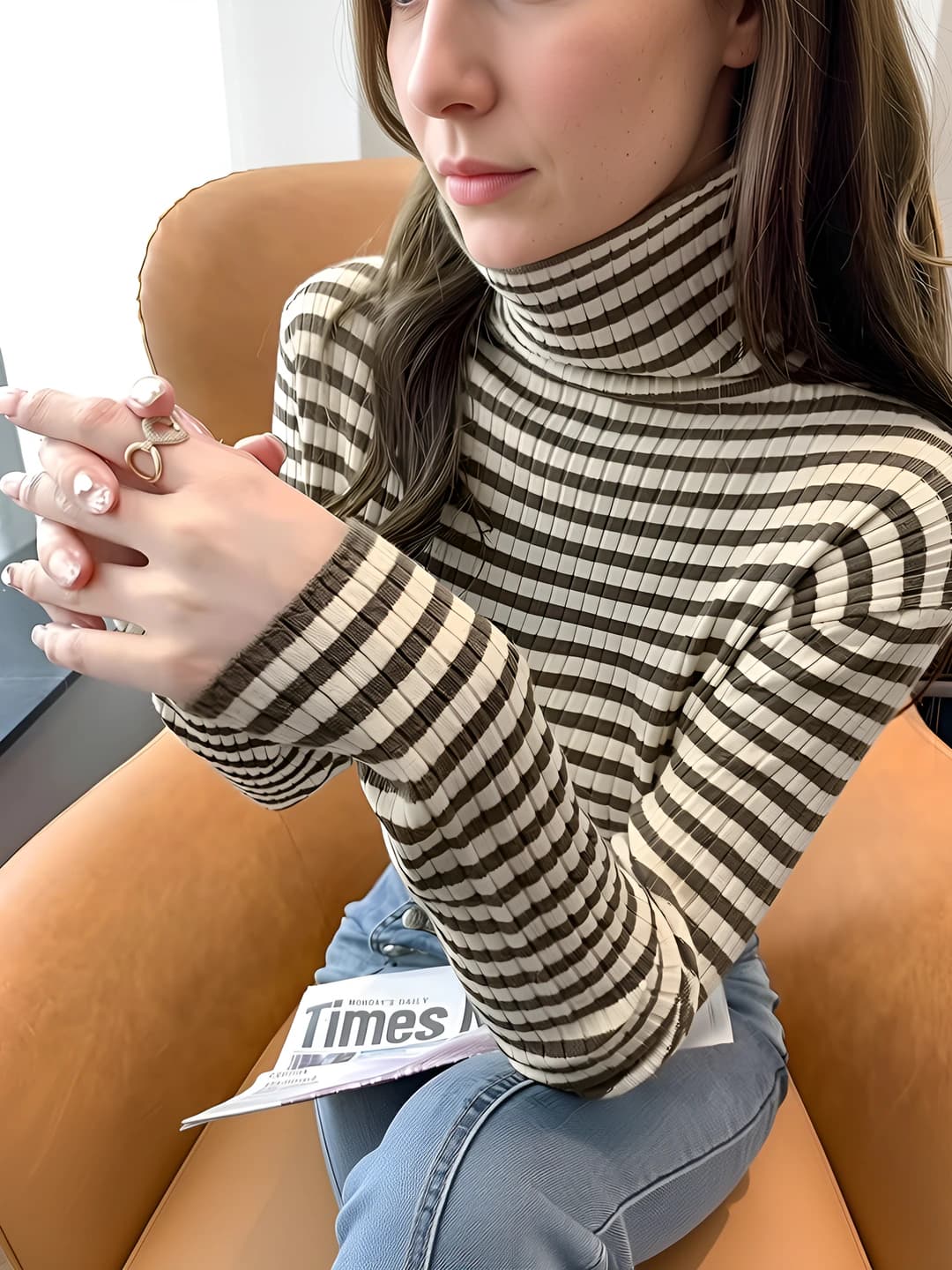 Women's 2026 autumn-winter turtleneck with high neck, long sleeve, striped, slim fit