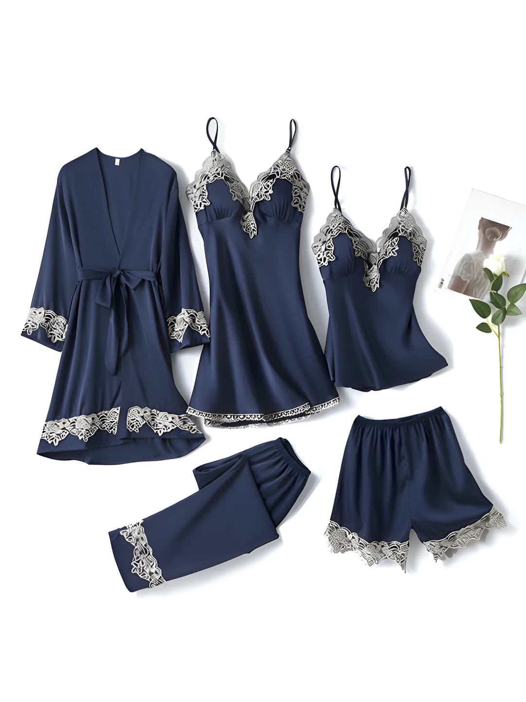 Satin silk 5pc set - navy lace