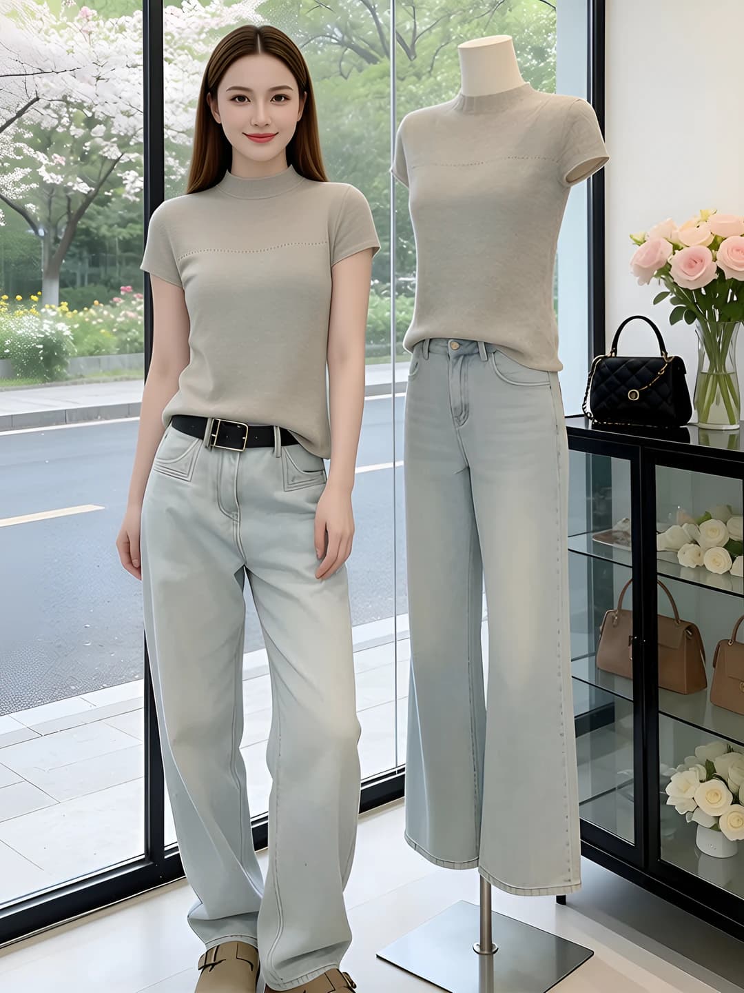 Women's summer short sleeve mock neck knit top, slim fit, slimming, soft and semi-sheer