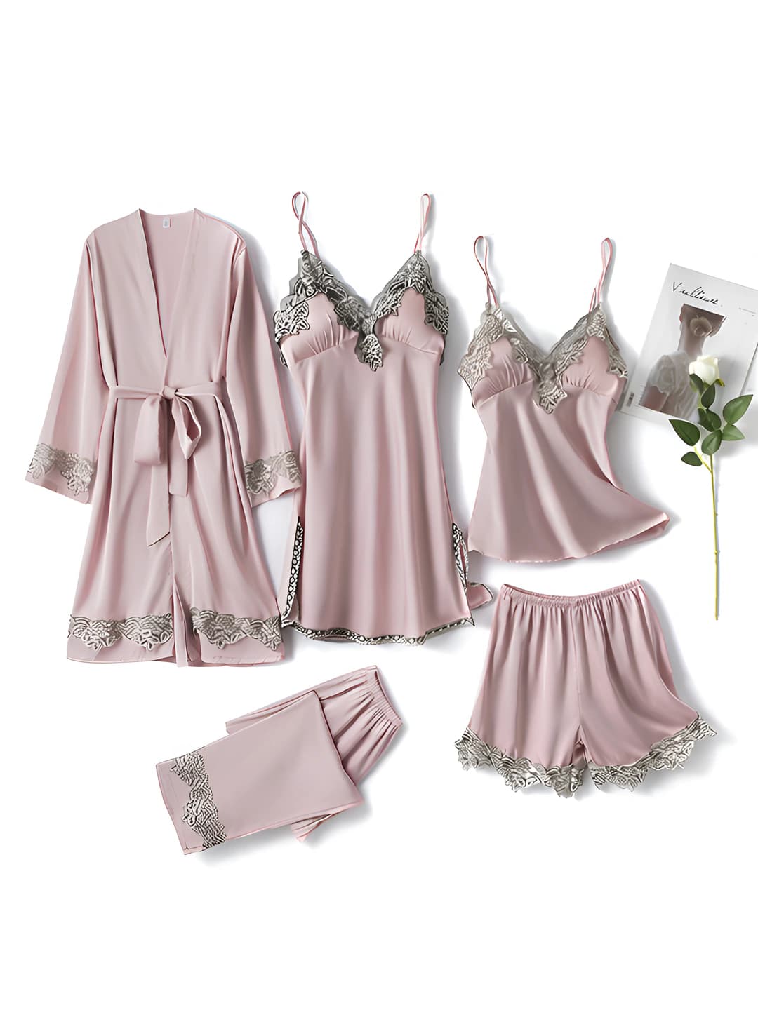 Satin silk 5pc set - pink lace