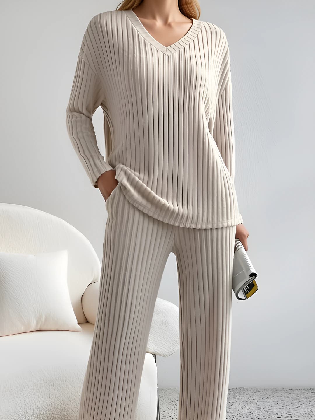 Women's 2026 autumn knitted suit: V-neck, long sleeve, loose fit set with straight cut trousers