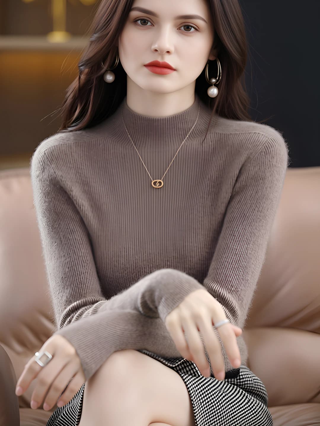 Women's knit pullover sweater, mock neck, long sleeve, slim fit, slimming, cropped, autumn-winter