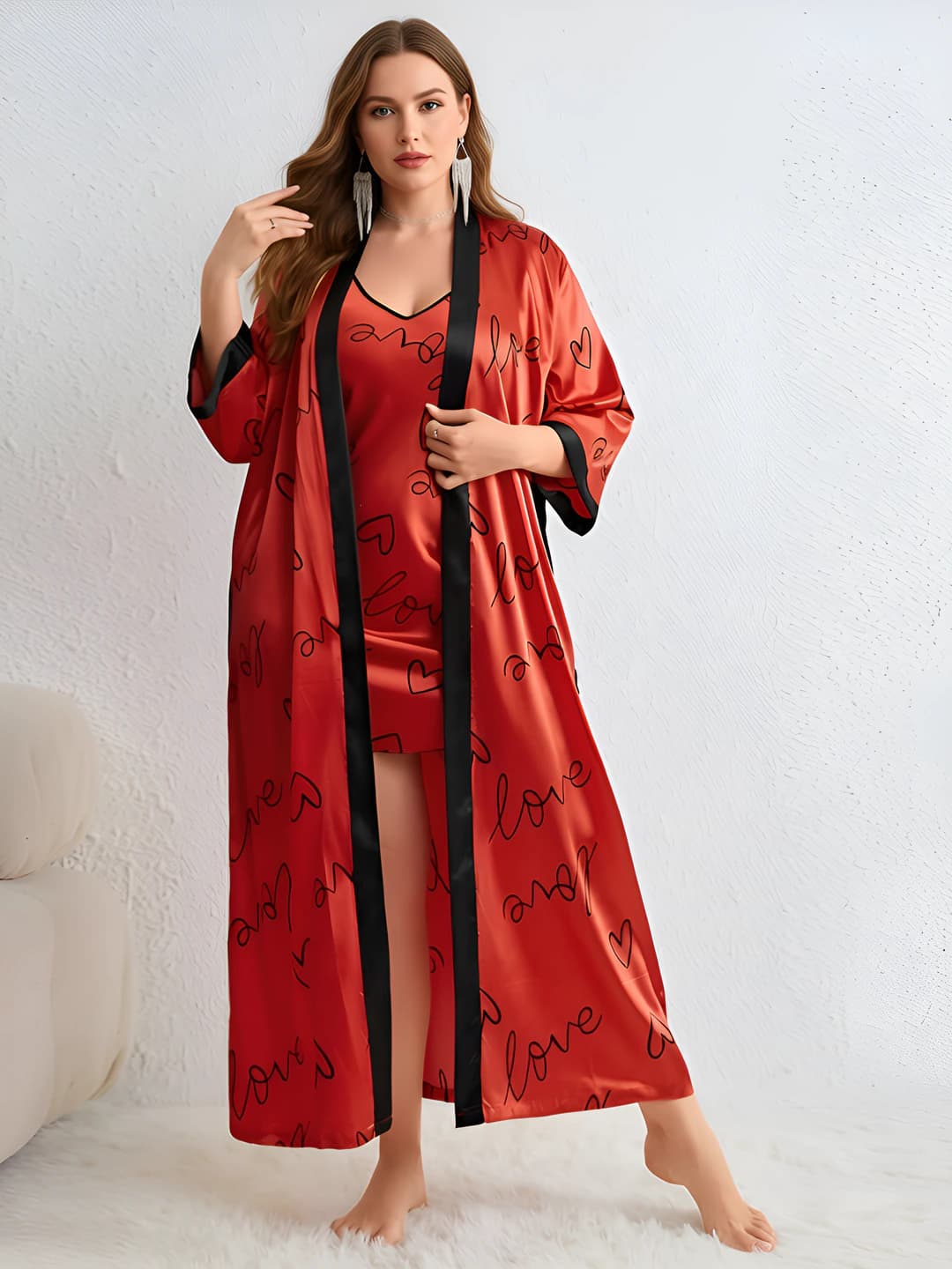 Women's home set: plus size heart camisole and robe, V-neck, long sleeve, thin, loose fit, casual
