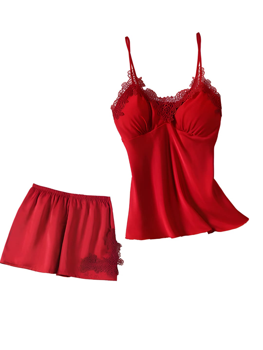 Women's summer thin lace pajama set: ice-silk fabric camisole top and shorts, V-neck, with chest pads