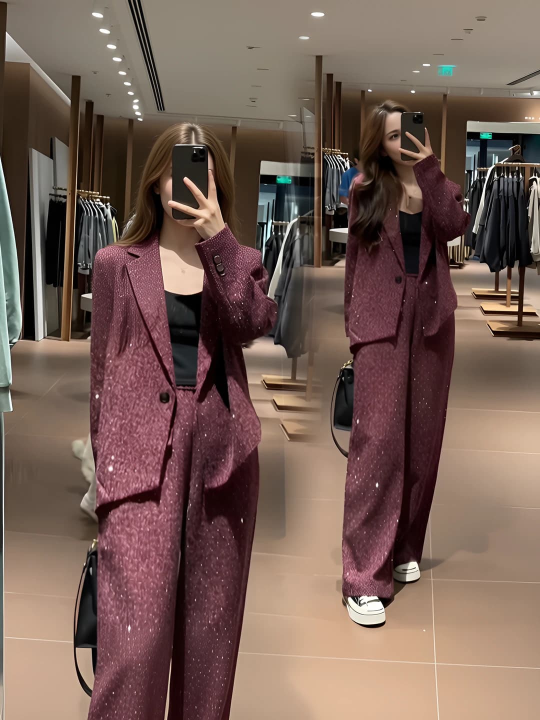 Women's autumn two-piece set: stand collar blazer and long wide-leg trousers, slimming, black