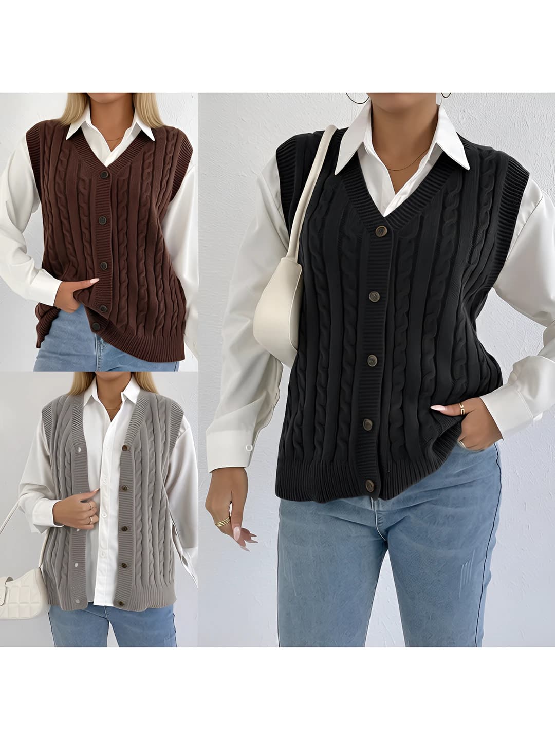 Women's knit cardigan vest, 2026 autumn-winter, V-neck, cable knit, solid colour, casual