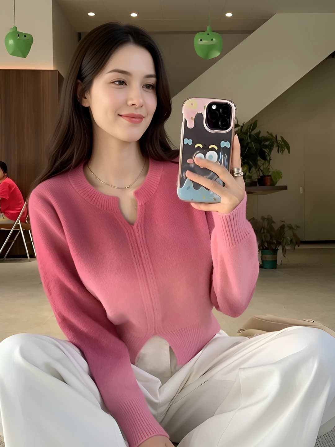 Women's V-neck slim fit cropped pink gradient knit sweater pullover for autumn-winter
