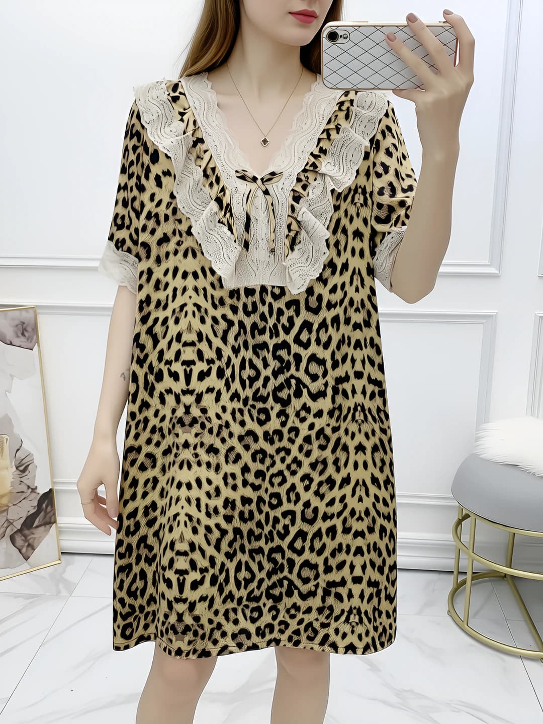 Women's thin ice-silk fabric nightgown with lace, V-neck, short sleeve, loungewear
