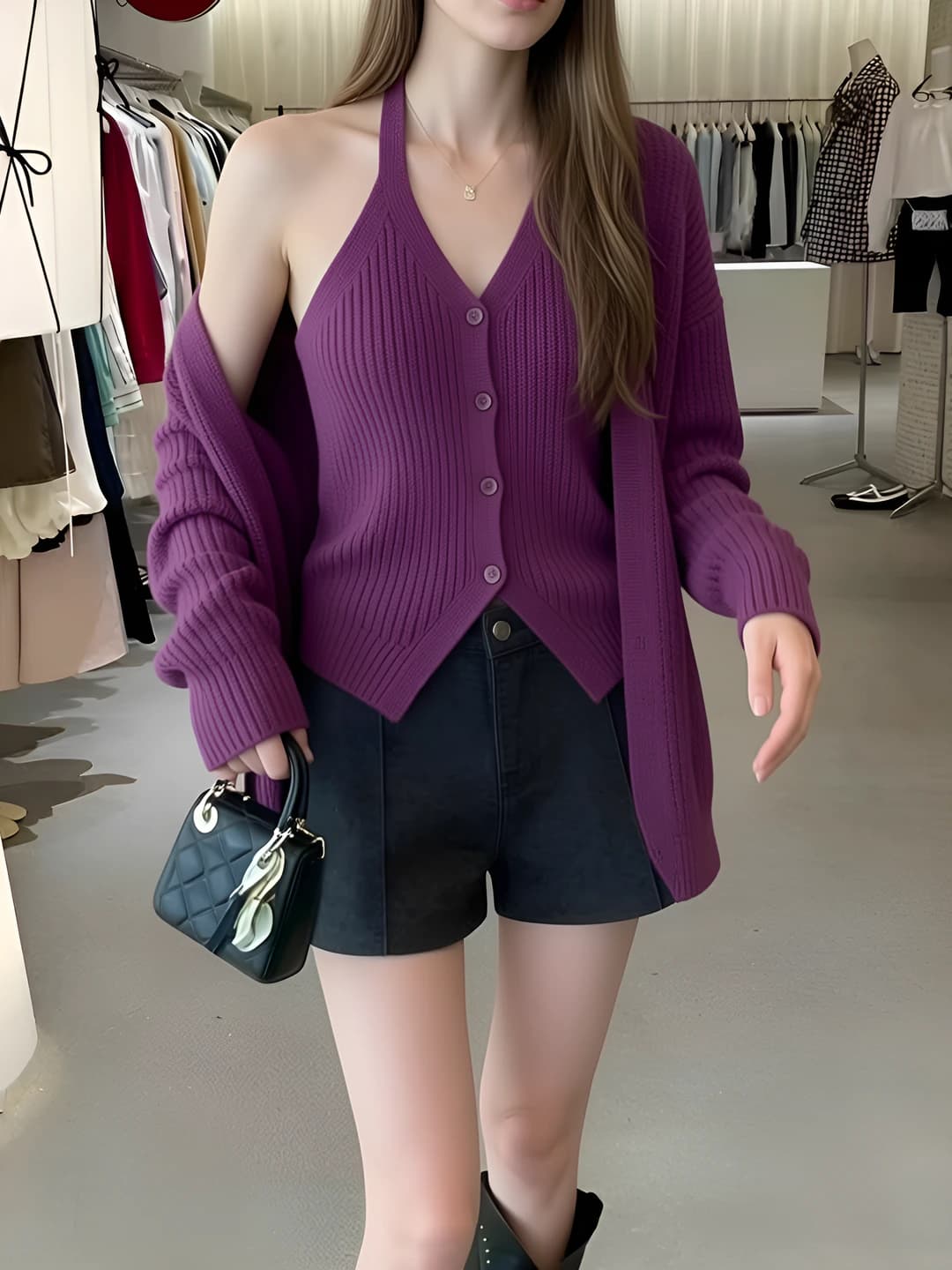 Women's autumn-winter clothing set: loose fit knit cardigan and slimming tube top
