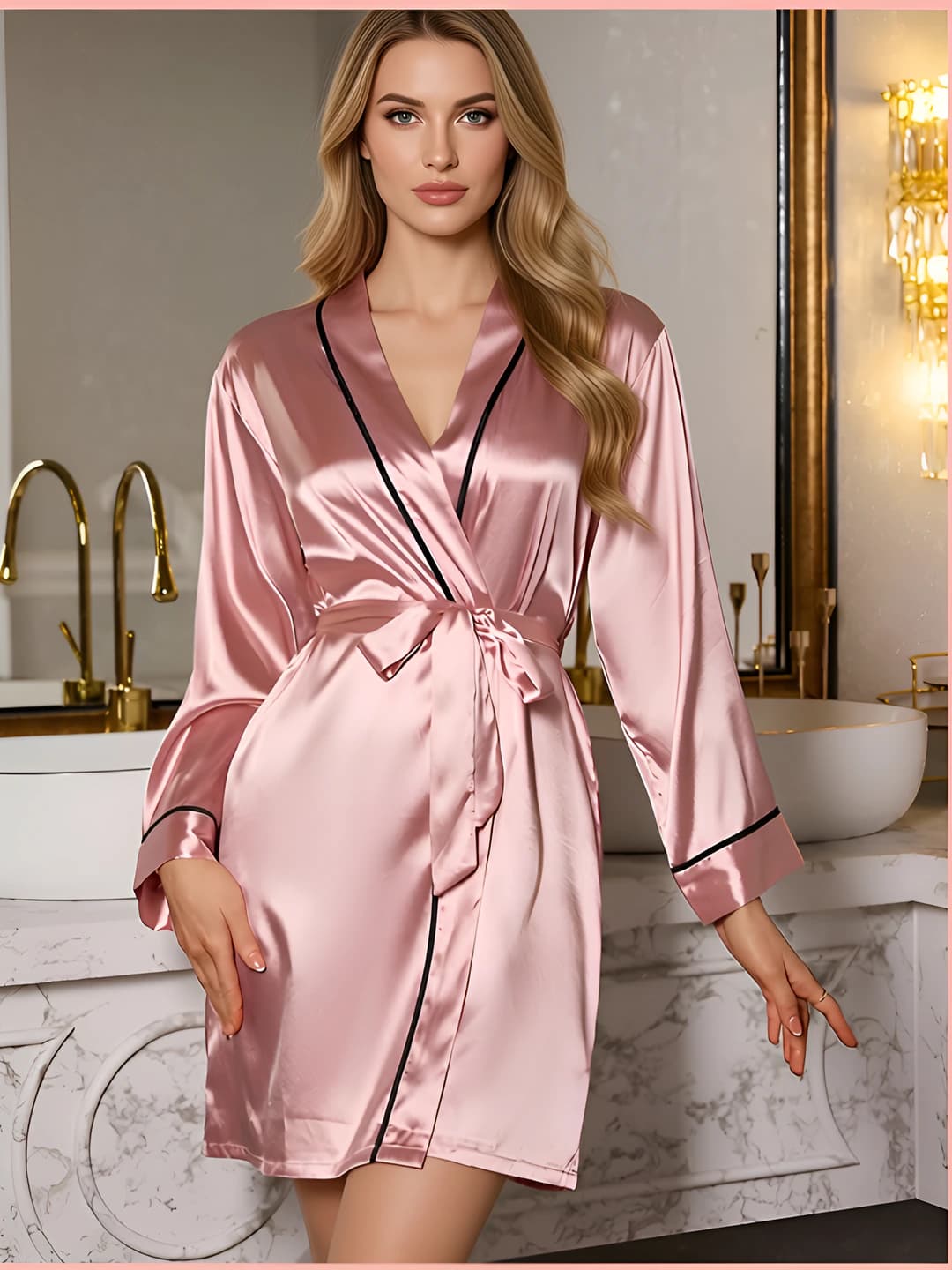 Women's house robe: thin, breathable, long sleeve, lapel collar, 100% polyester, casual and loungewear