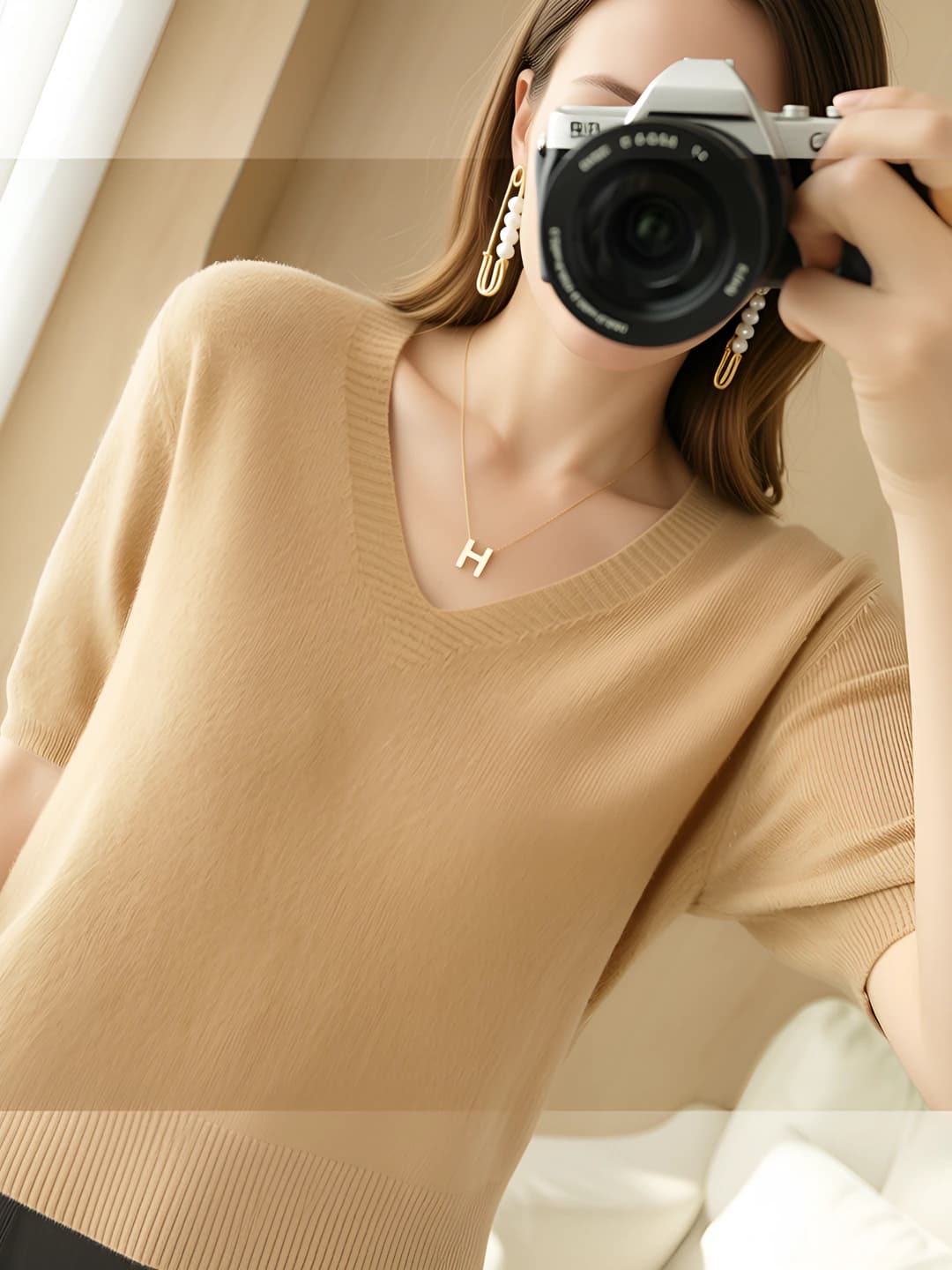 Women's spring-autumn V-neck knitted top, elbow-length sleeve, solid colour, loose fit, 50-65 cm length