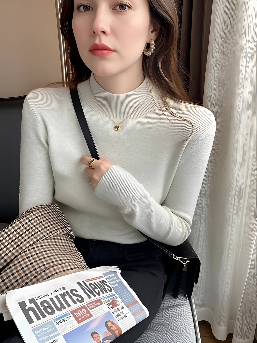 Women's high neck slim fit long sleeve solid colour knit top sweater