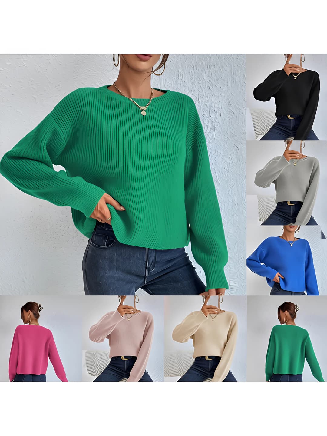 Women's autumn-winter cropped warm loose fit long sleeve crew neck knit top