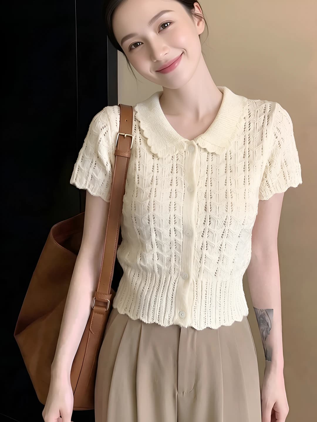 Women's 2026 summer thin ice-silk fabric knit cardigan, loose fit, lapel collar, long sleeve, closure: closure