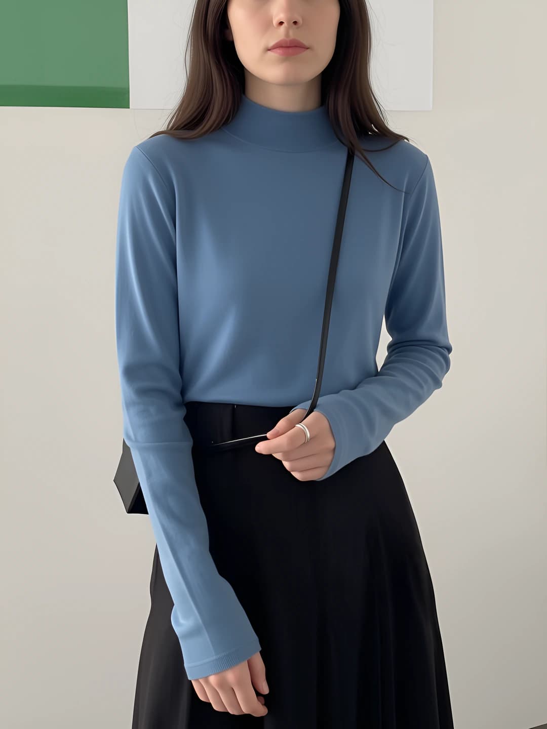 Women's solid colour knit top with mock neck, slim fit, slimming, long sleeve, autumn-winter