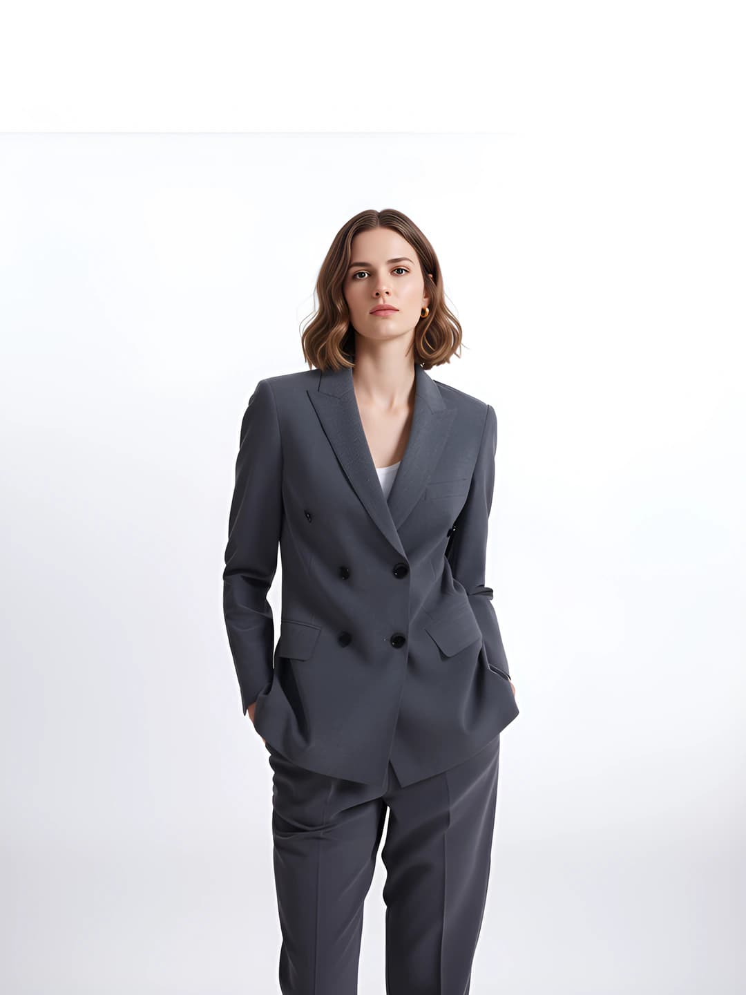 Women's summer double-breasted blazer and trousers set, grey, 50-70% polyester, up to 30% viscose, long sleeve, raised shoulder sleeve
