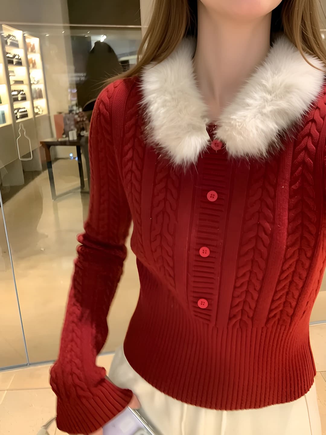 Women's retro red cardigan with detachable fur collar, cinched waist, long sleeve, for autumn-winter
