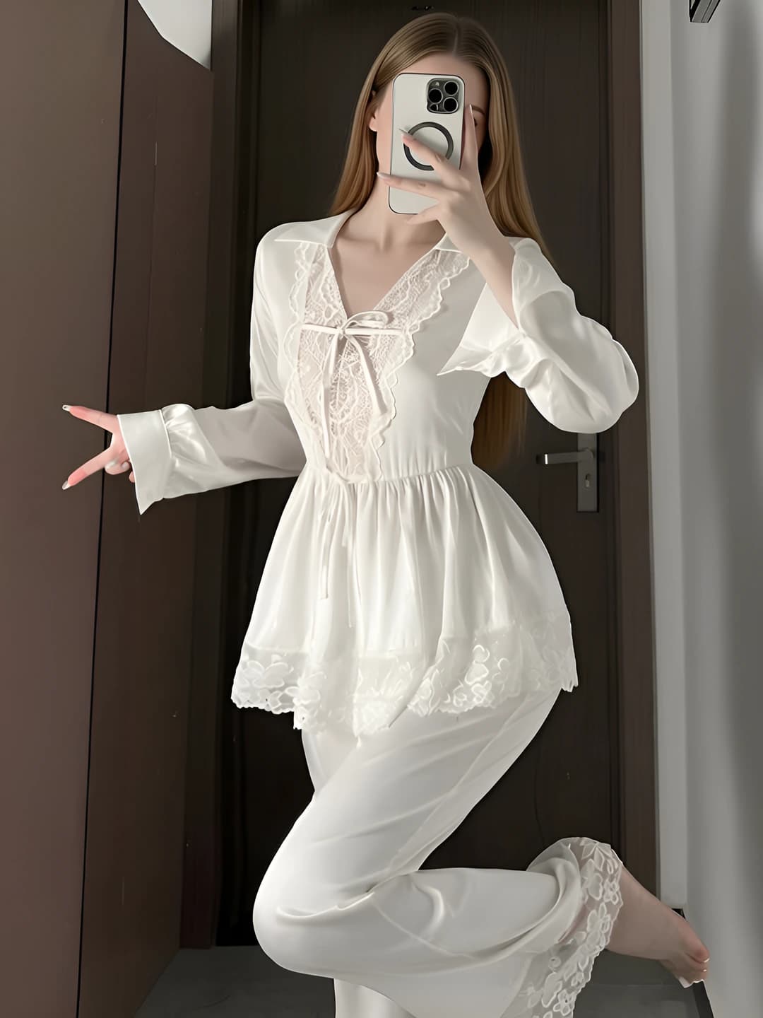 Ayollar uchun dantelli satin pijama to'plami: uzun yengli ko'ylak-shirt va uzun shim, qaytarma yoqa, yupqa, havo o'tkazuvchan, fransuz uslubi