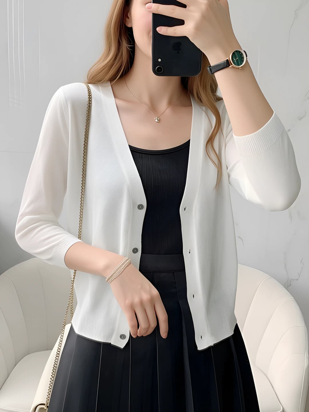 Women's thin solid colour cardigan with V-neck, Korean style, slimming, long sleeve, cropped, loose fit
