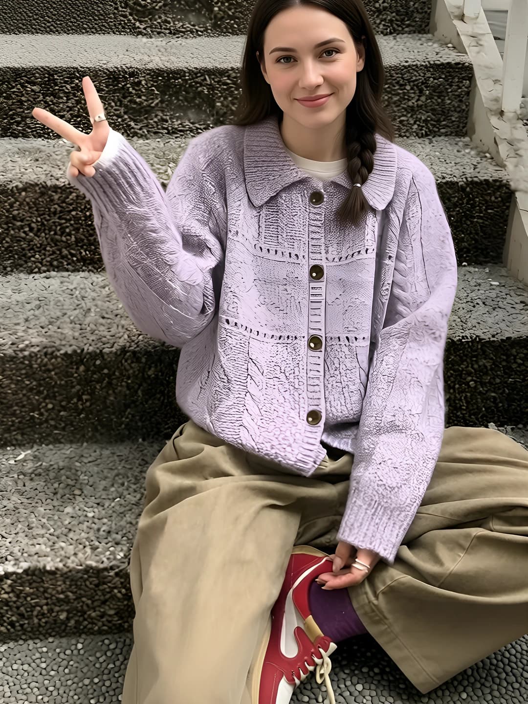 Women's 2026 early autumn cardigan, lapel collar, POLO collar, cable knit, solid colour, loose fit, long sleeve, green