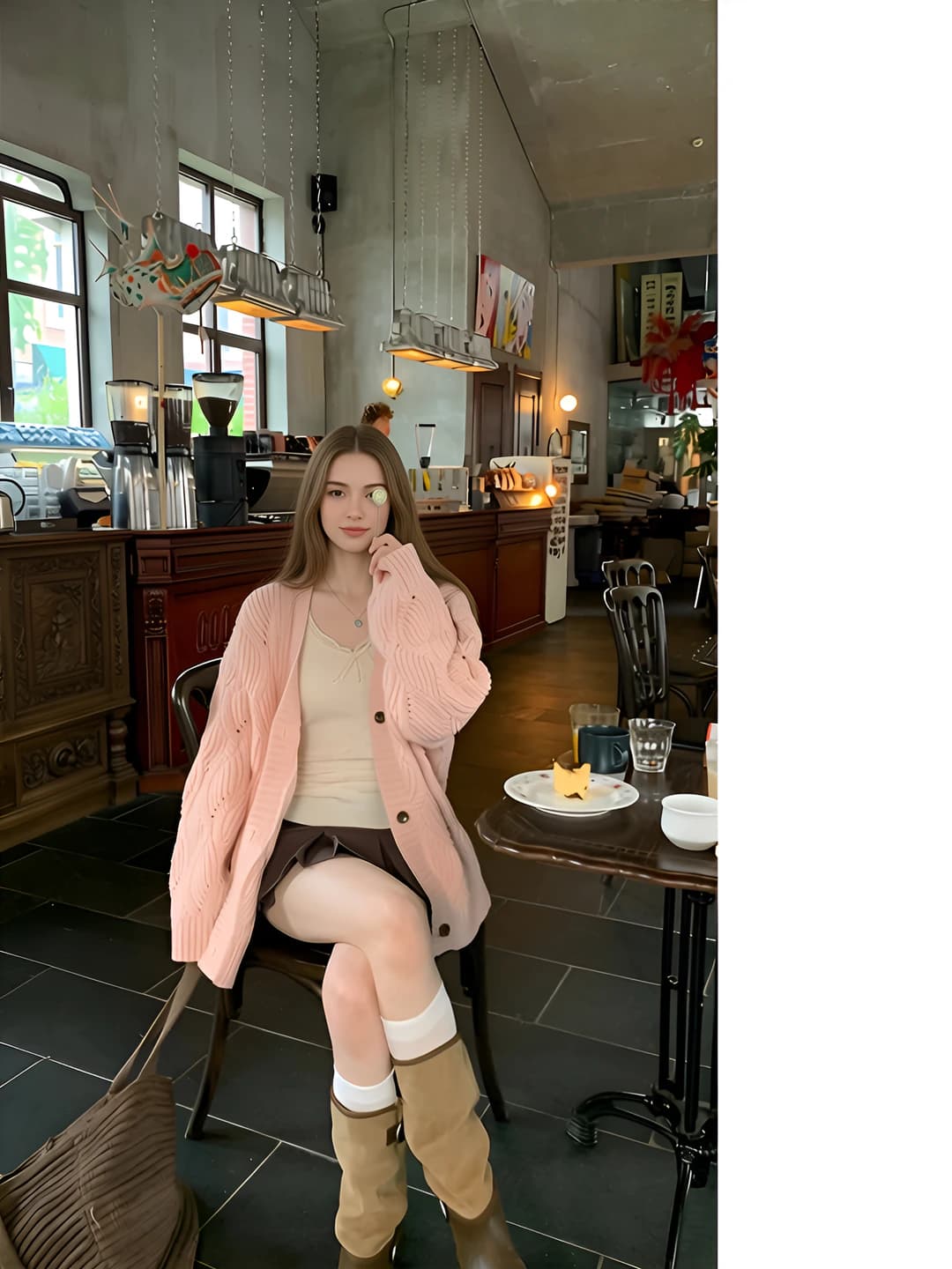 Women's knit cardigan for petite, spring, pink, V-neck, long sleeve, loose fit, closed design