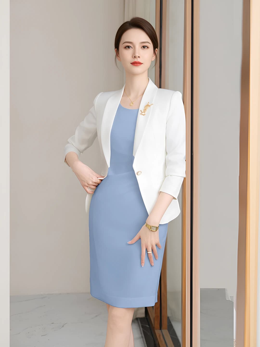 White long-sleeve suit + blue sleeveless dress