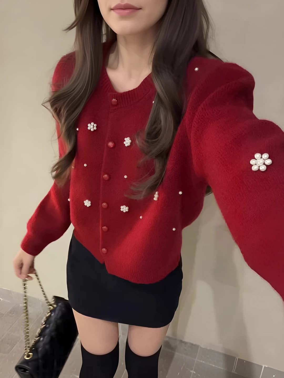 Women's knit cardigan, crew neck, long sleeve, loose fit, slimming, polka dot pattern, thick, button closure