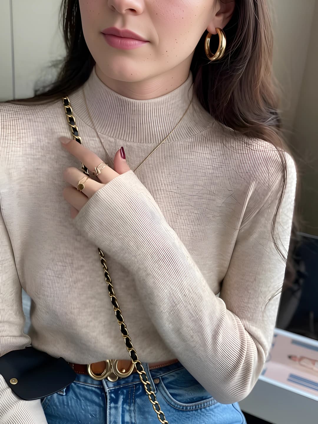 Women's mock neck knit top, autumn-winter, slim fit, long sleeve, solid colour, slimming