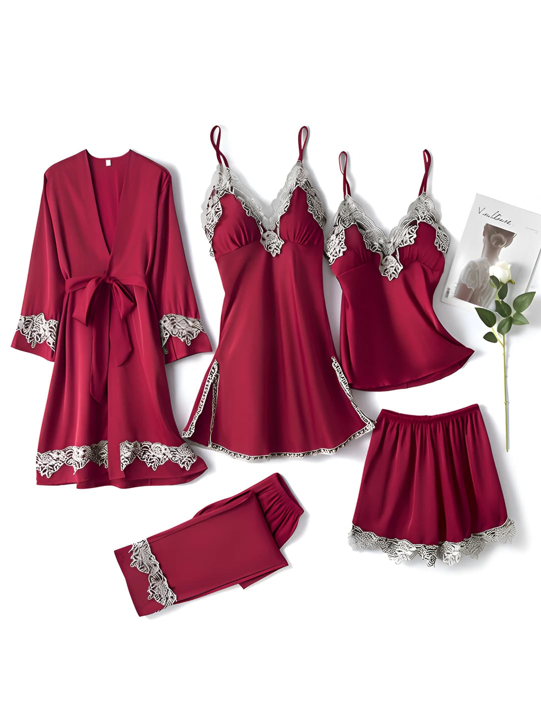 Women's 5-piece pajama set, ice-silk fabric, V-neck, long sleeve, trousers, thin, summer, spring, autumn