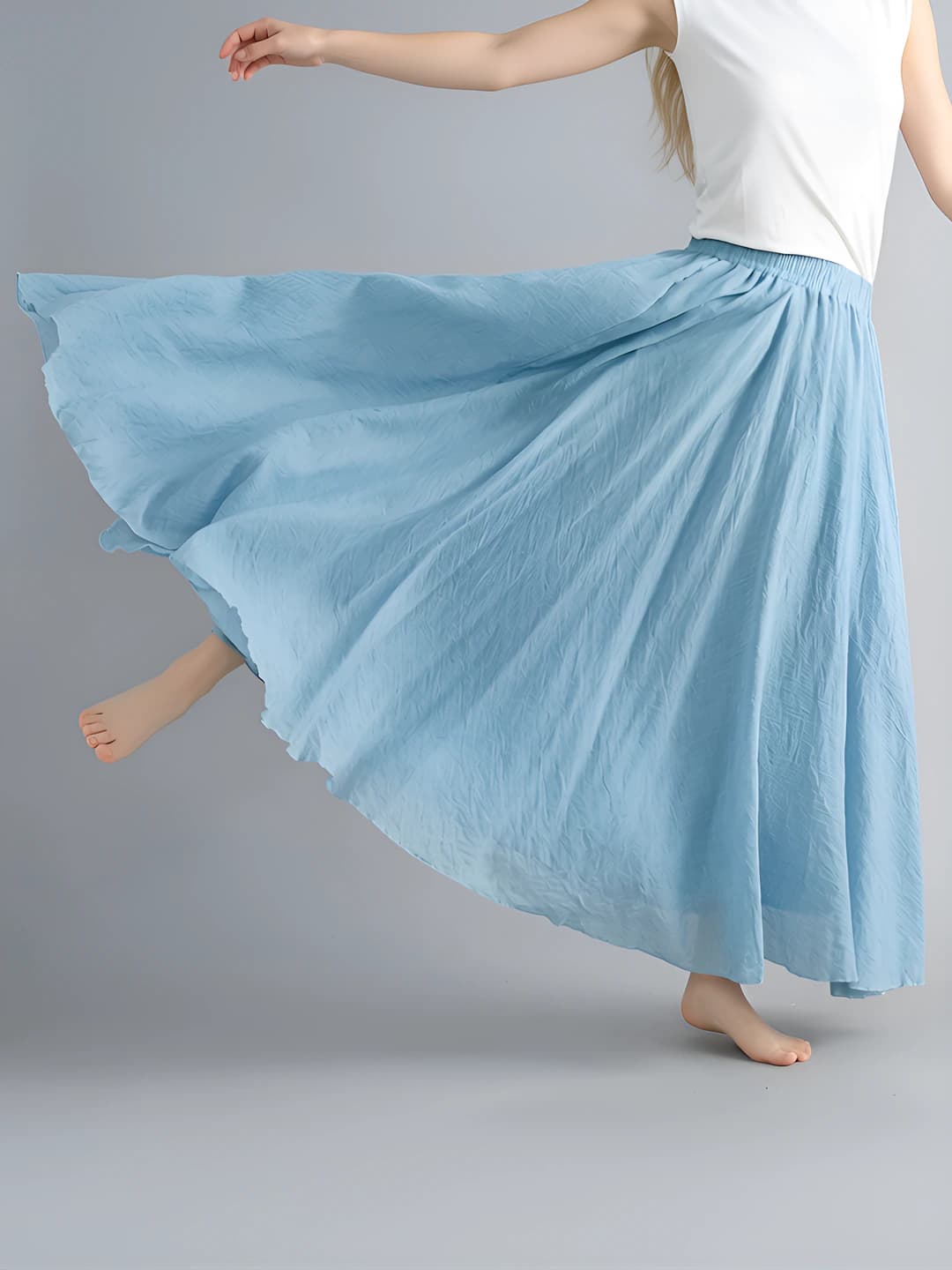 Women's plus size A-line wide skirt with elastic waist, solid colour, long, cotton and linen fabric, casual style