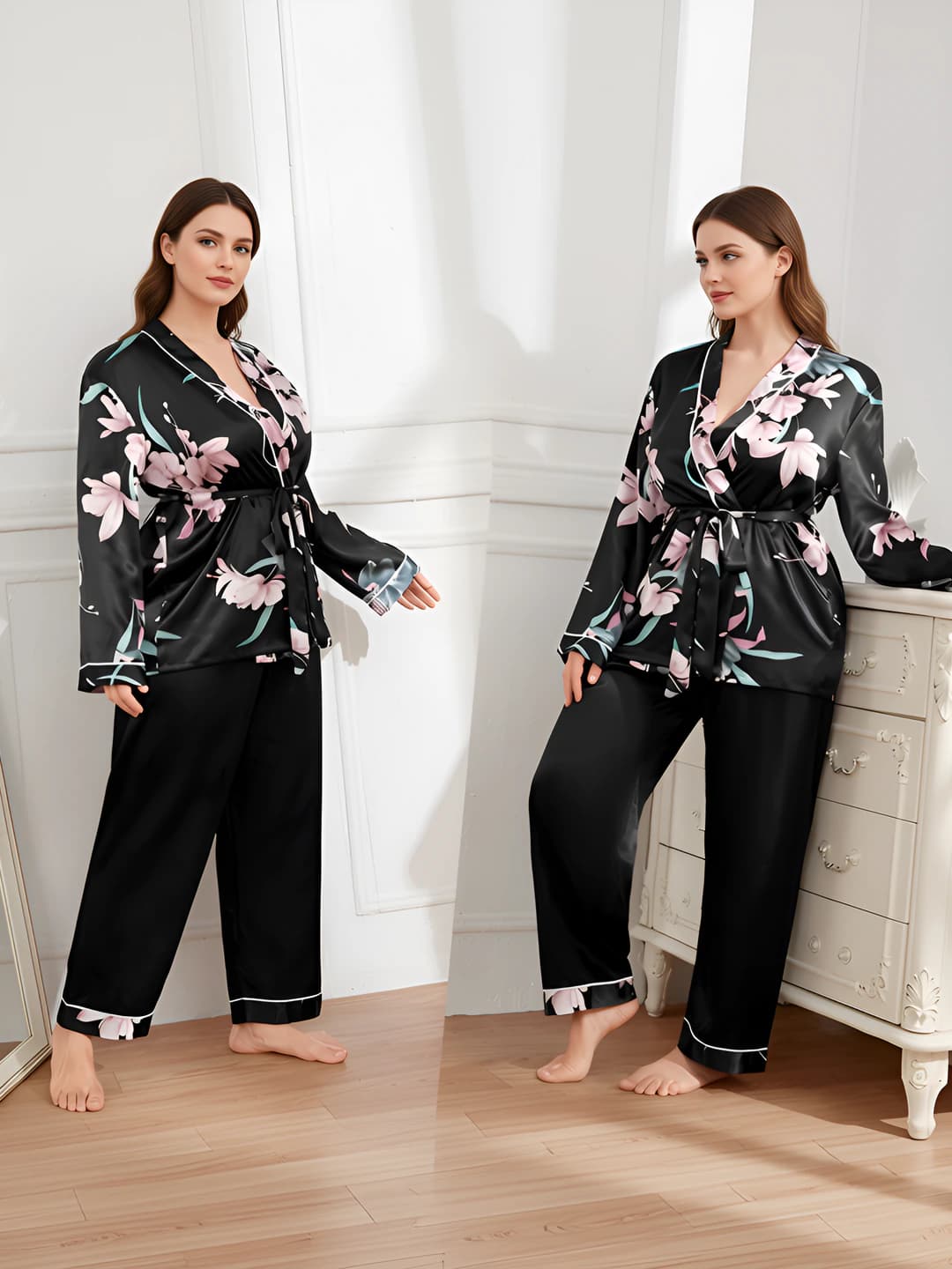Women's plus size loose fit pajama set, V-neck, long sleeve, thin (cardigan top and trousers)