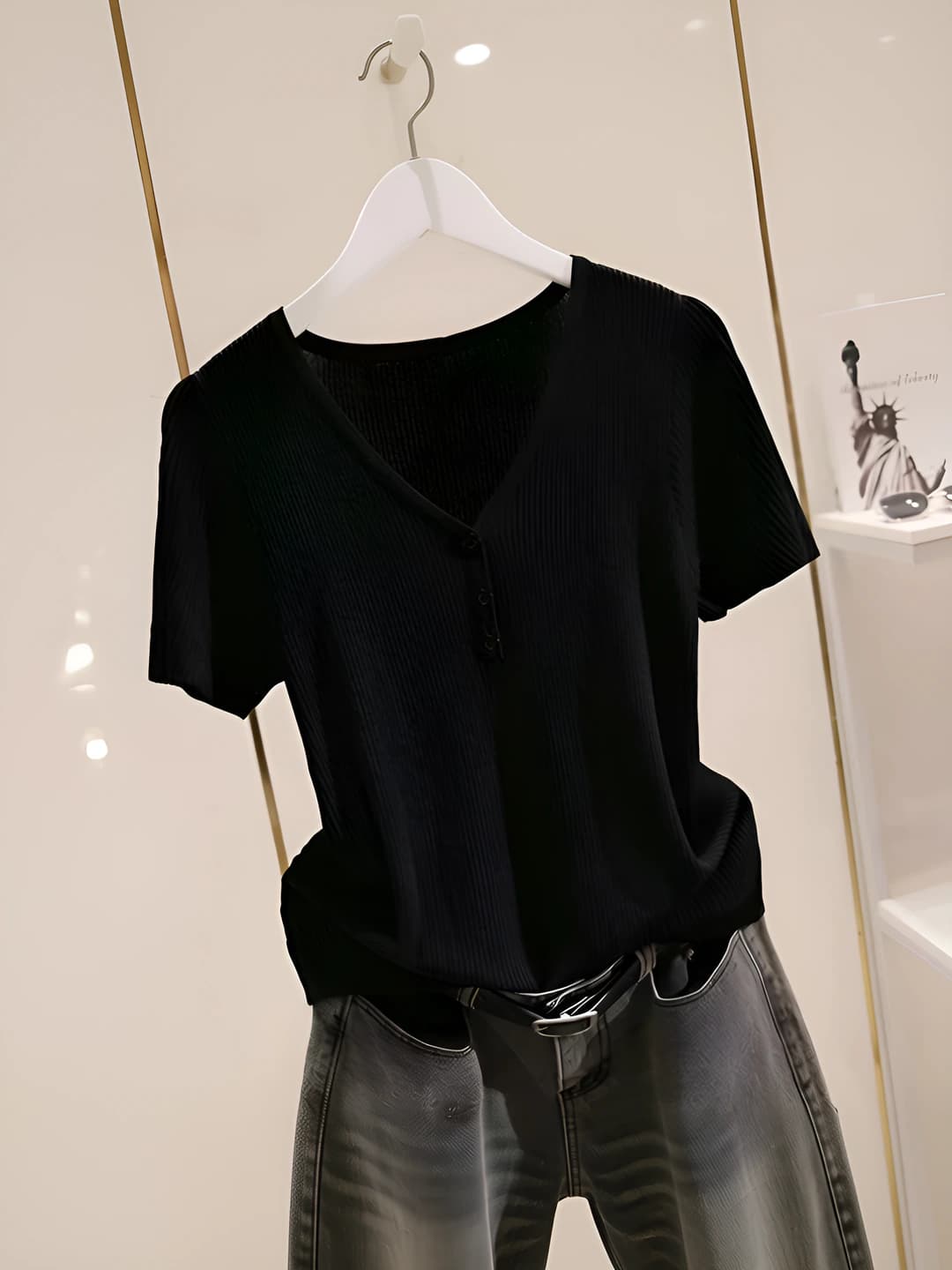 Women's summer thin ice-silk fabric V-neck short-sleeve knit top, solid colour, slim fit