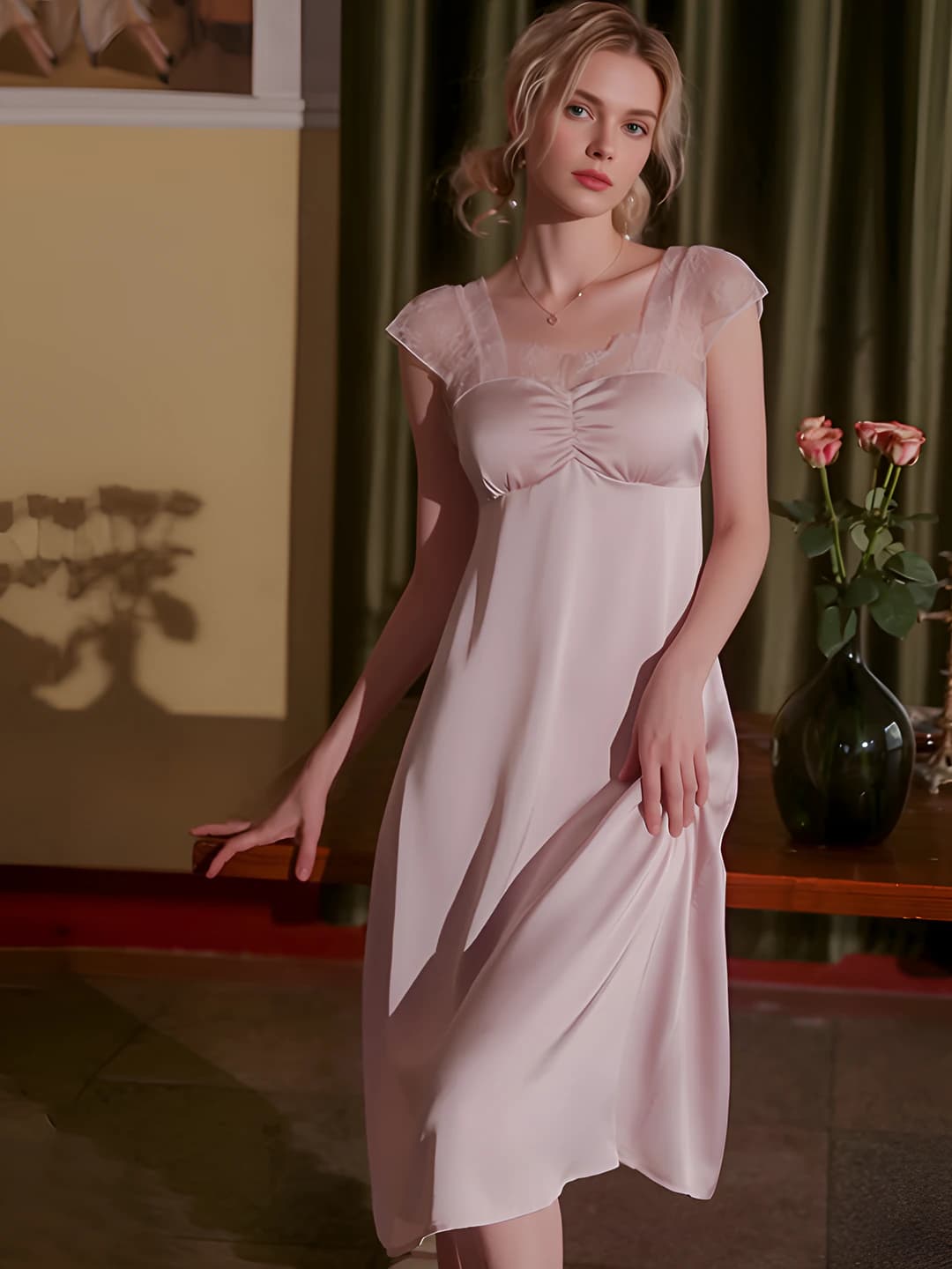 Women's thin lace and mesh nightgown, autumn style, 90-95% polyester