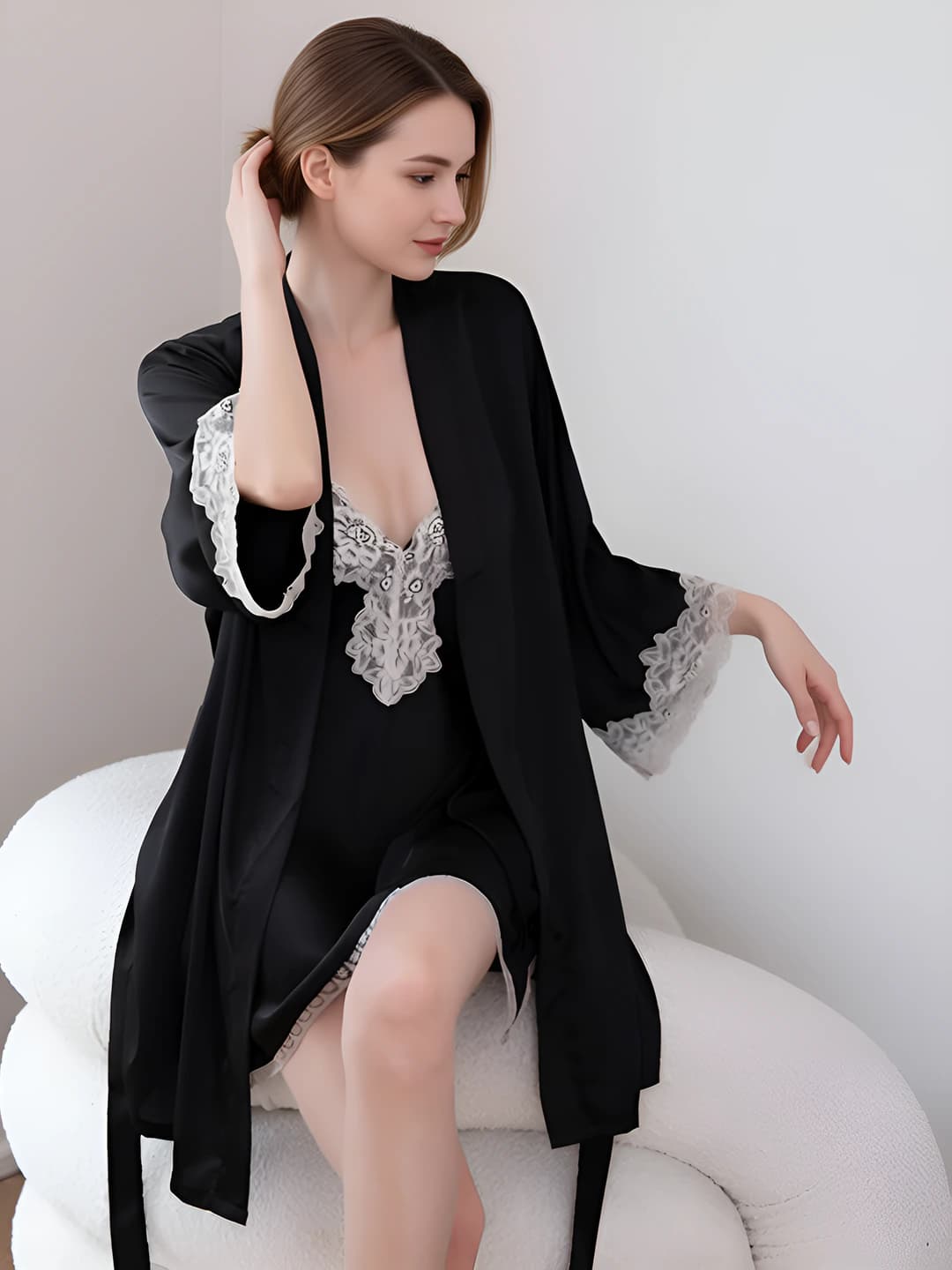 Women's lace loungewear set: ice-silk fabric nightgown and cardigan for spring-autumn season