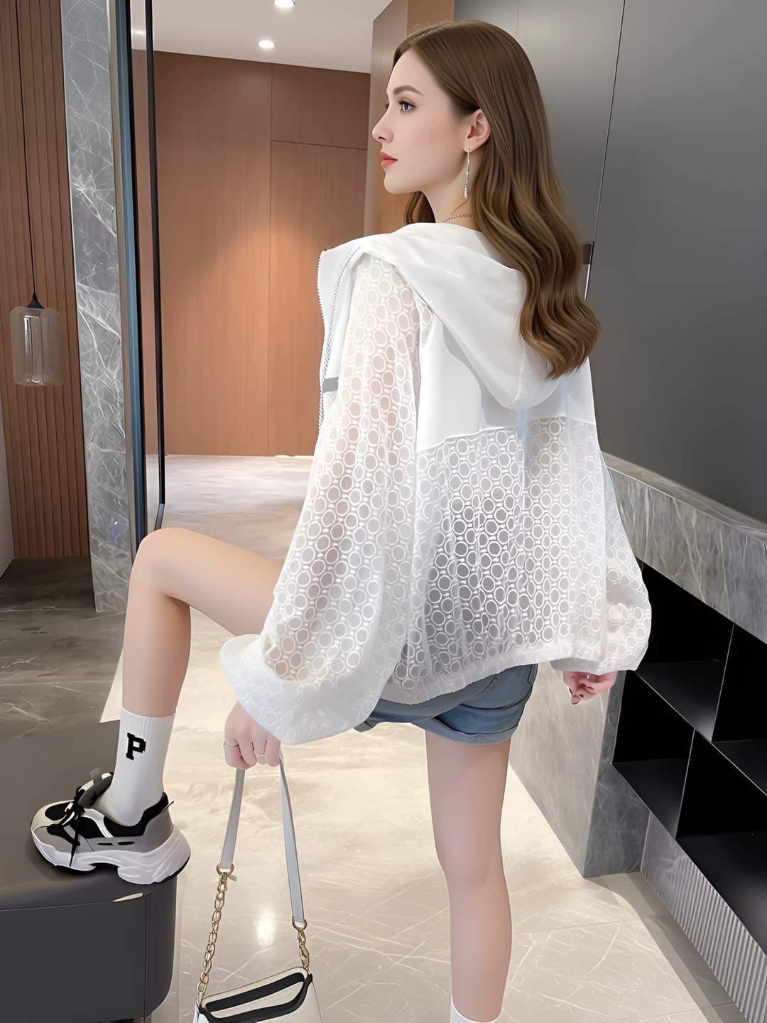 Women's summer sun-protective thin jacket, breathable, with zip, cropped length, with design patchwork