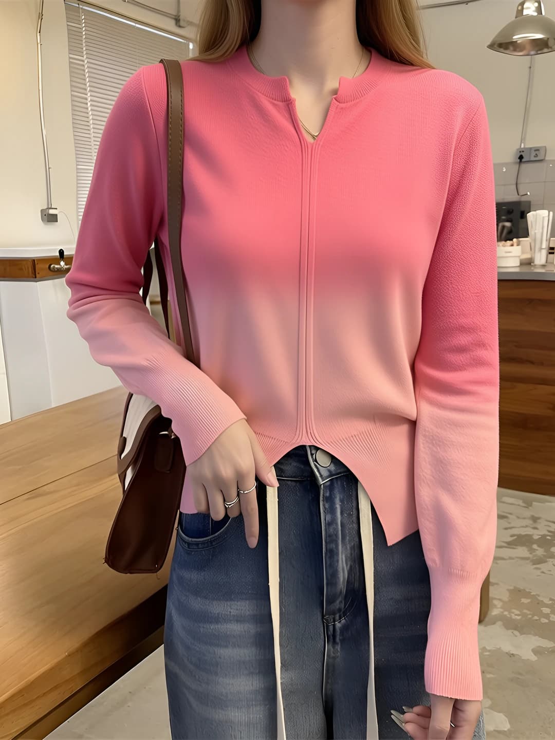 Women's V-neck slim fit long sleeve slimming Korean style autumn-winter knit pullover sweater