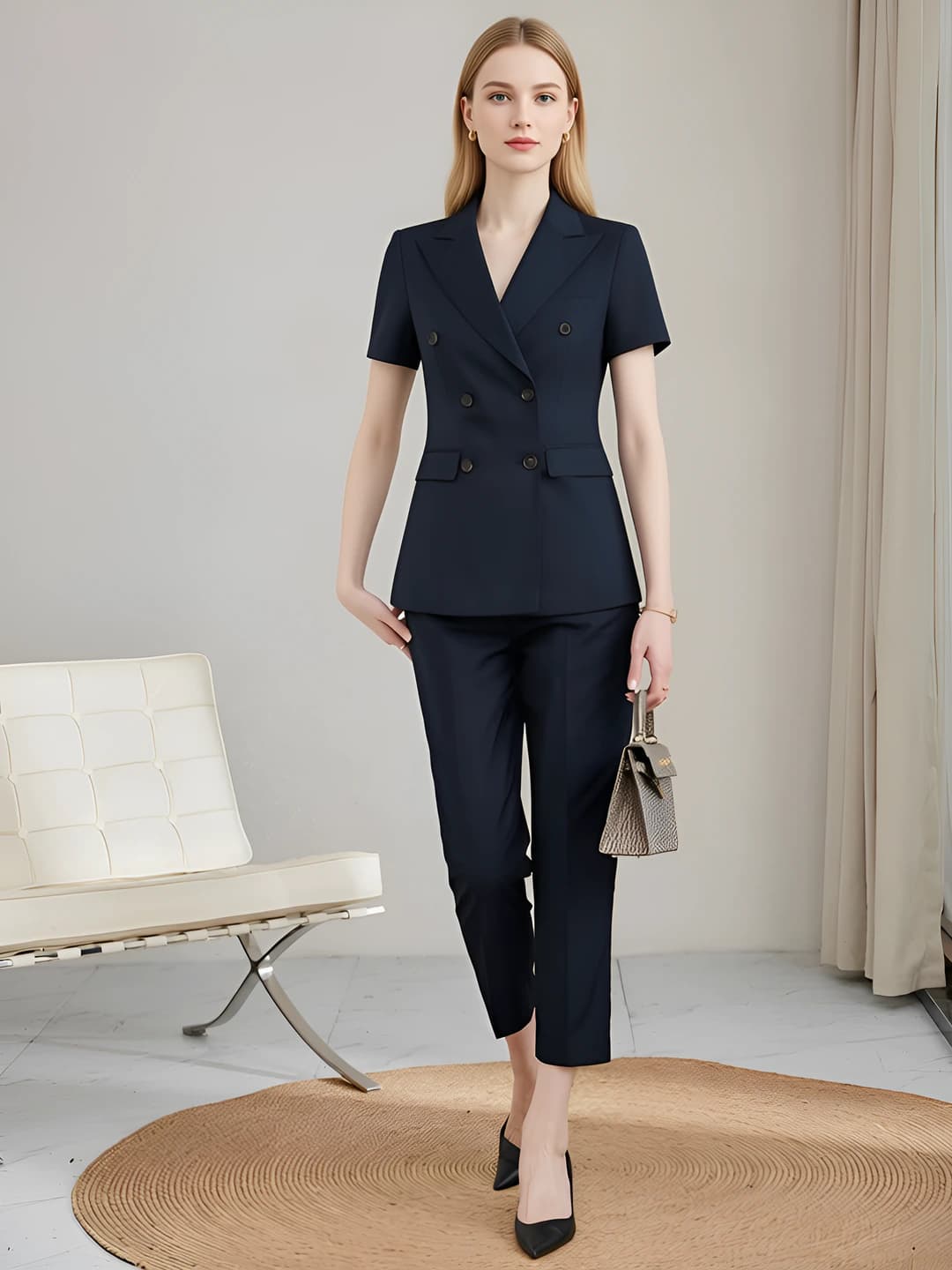 Women's summer slim fit short sleeve blazer and trousers professional set