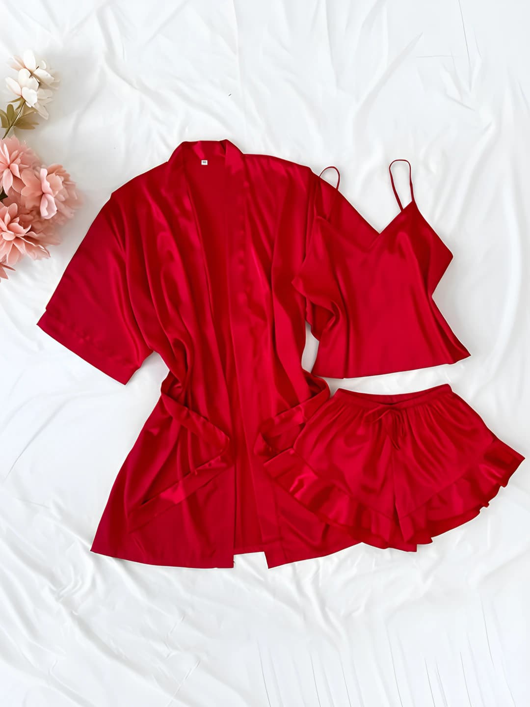 Women's ice-silk fabric pyjamas set: V-neck, long sleeve, shorts, thin, casual