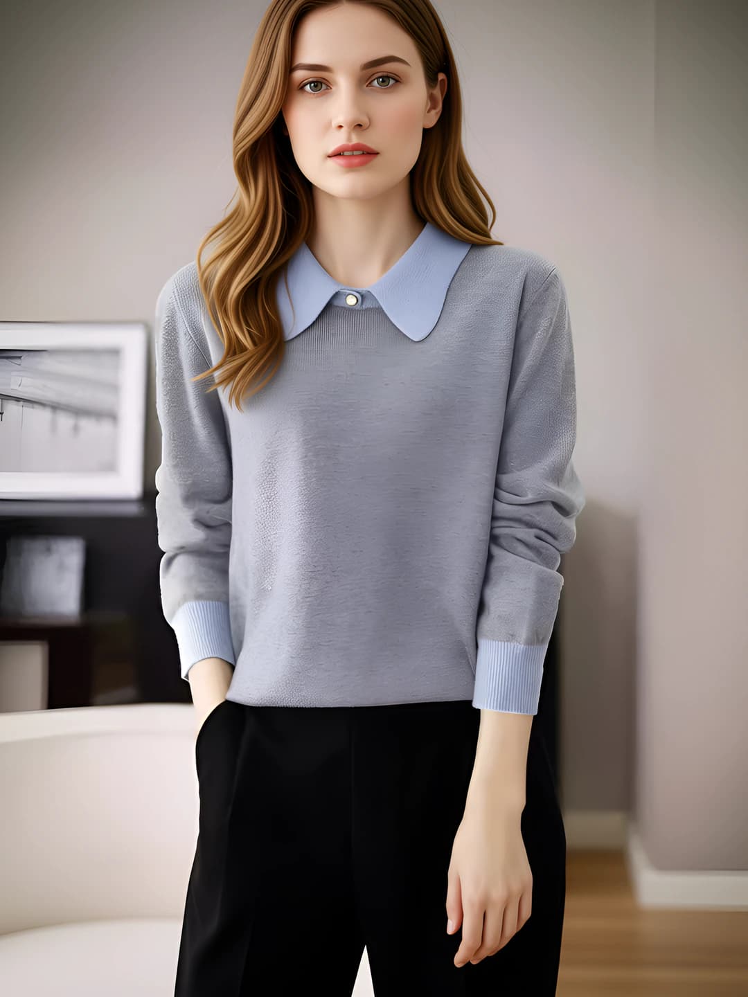 Women's knit top with lapel collar, loose fit, crew neck, long sleeve, solid colour, cashmere blend