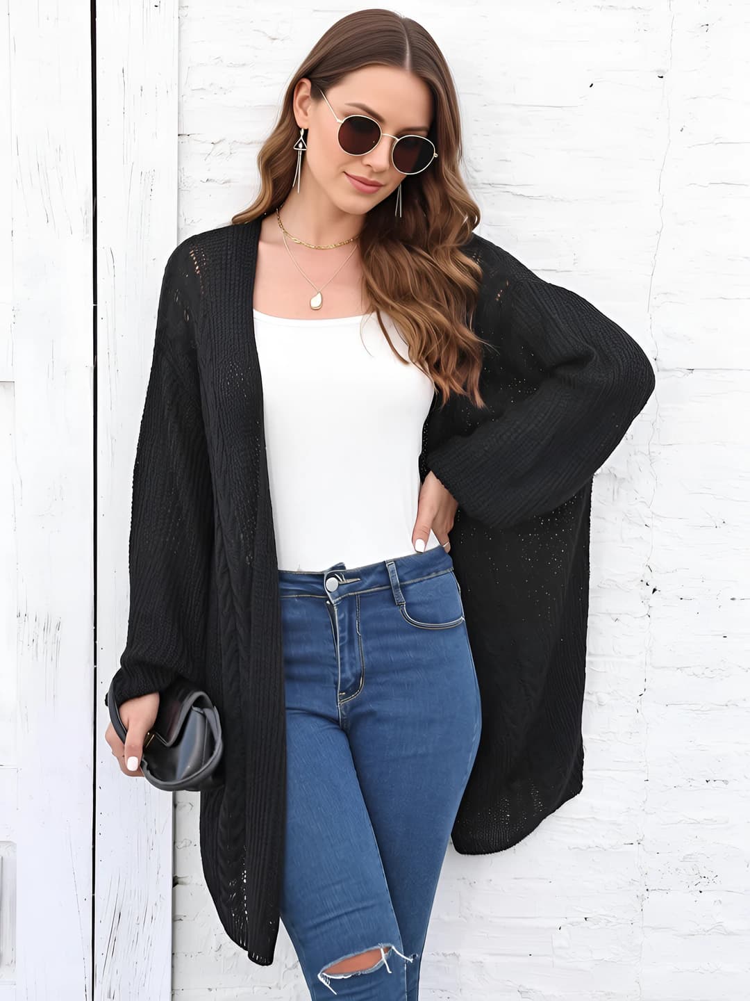 Women's cardigan: spring-autumn, loose fit, V-neck, long sleeve, solid colour, casual